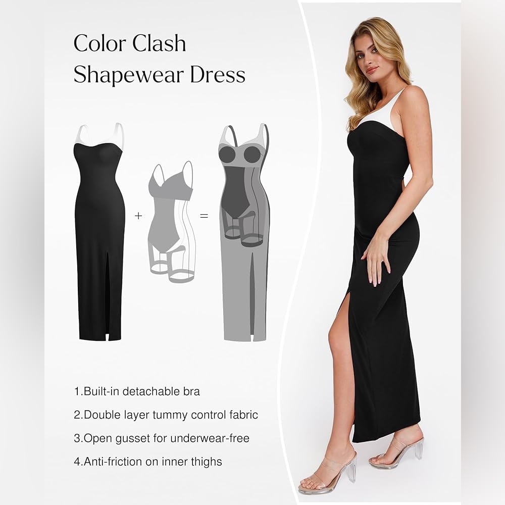 Popilush Shapewear Contrast Trim Built-In Sculpting Maxi Dress Size Large - Picture 2 of 12